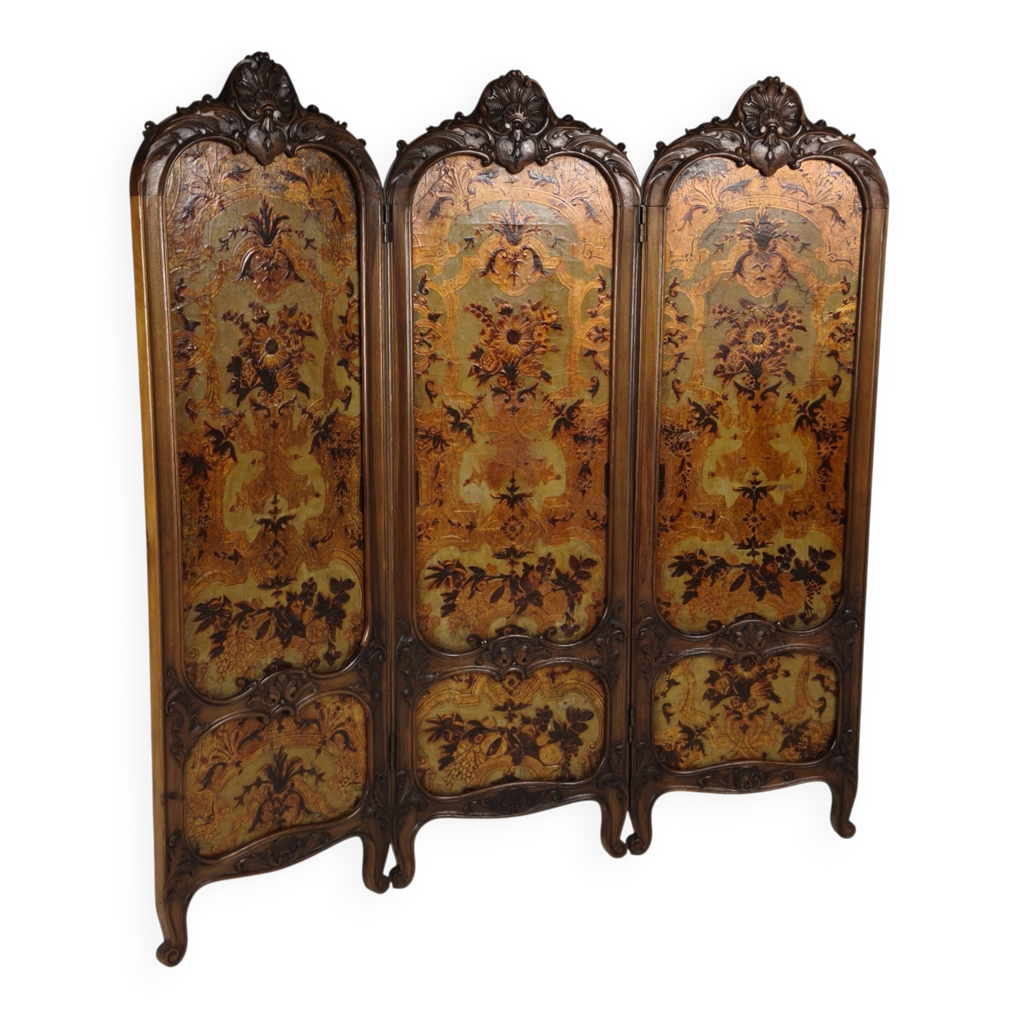 Gilt Leather Room Divider with Rich Carving, Circa 1860