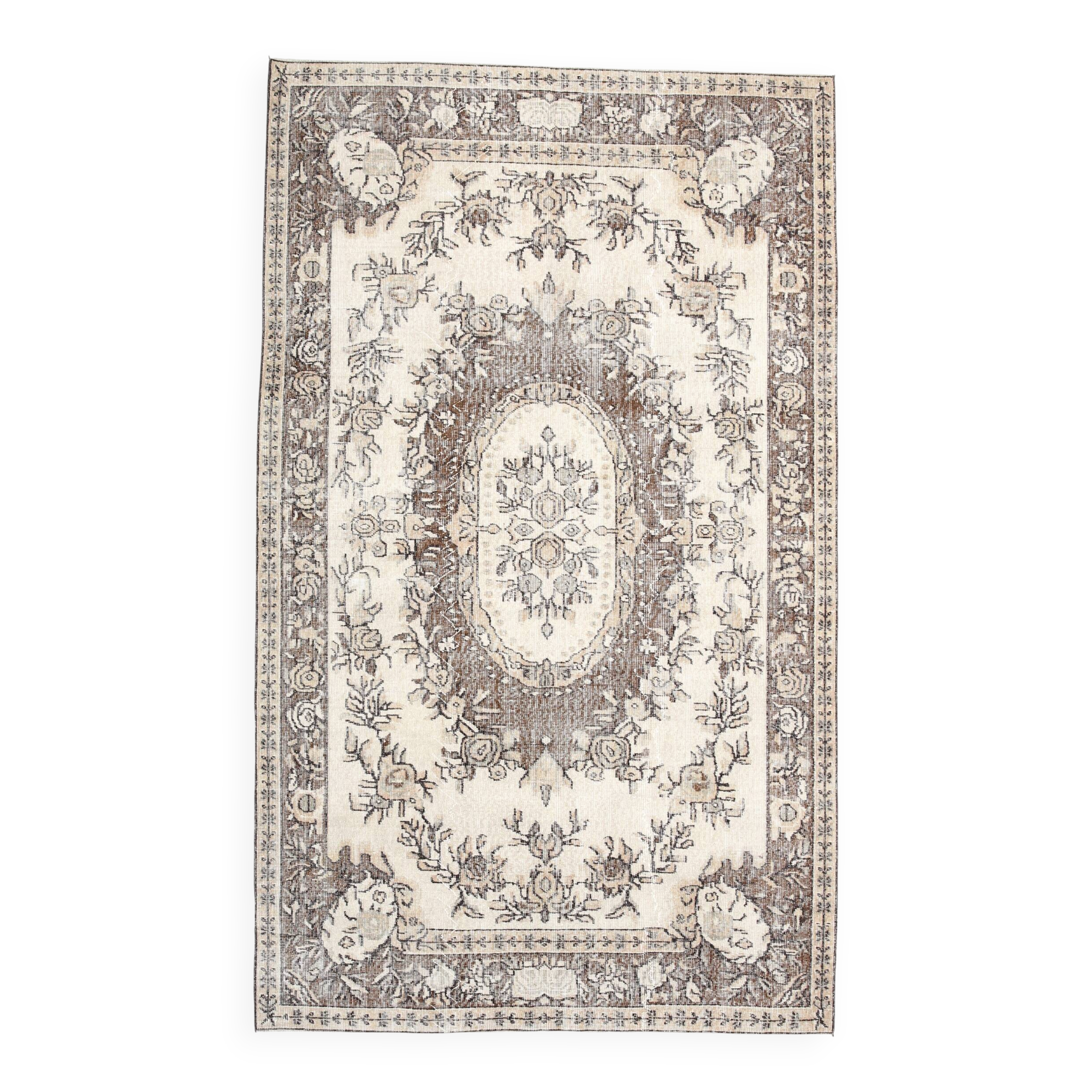 6x10 Turkish Cream & Brown Oriental Vintage Rug, 177x296Cm