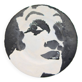 Vintage plate with black and white female face hand painted