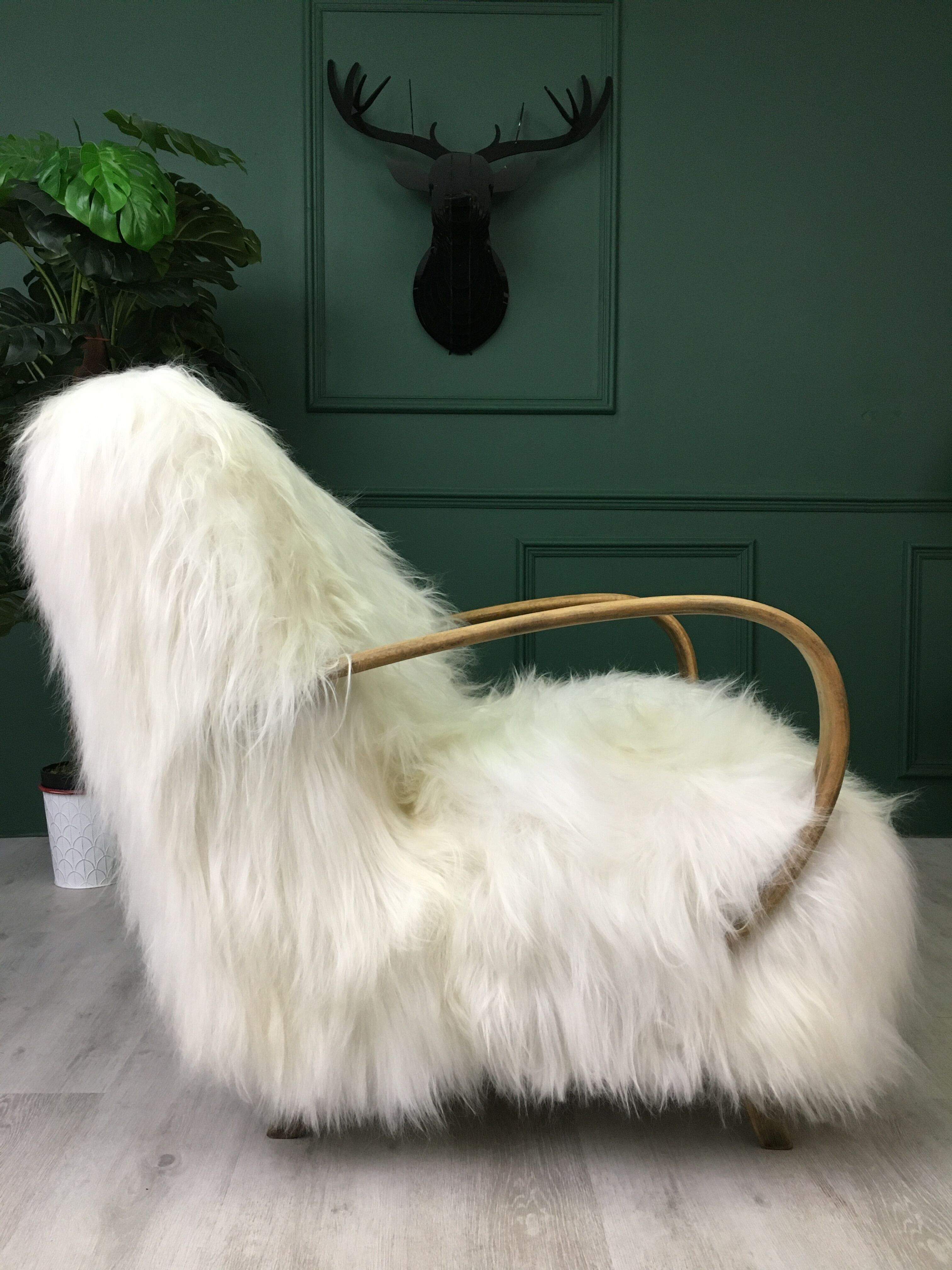 White fluffy sheepskin bentwood armchair halabala