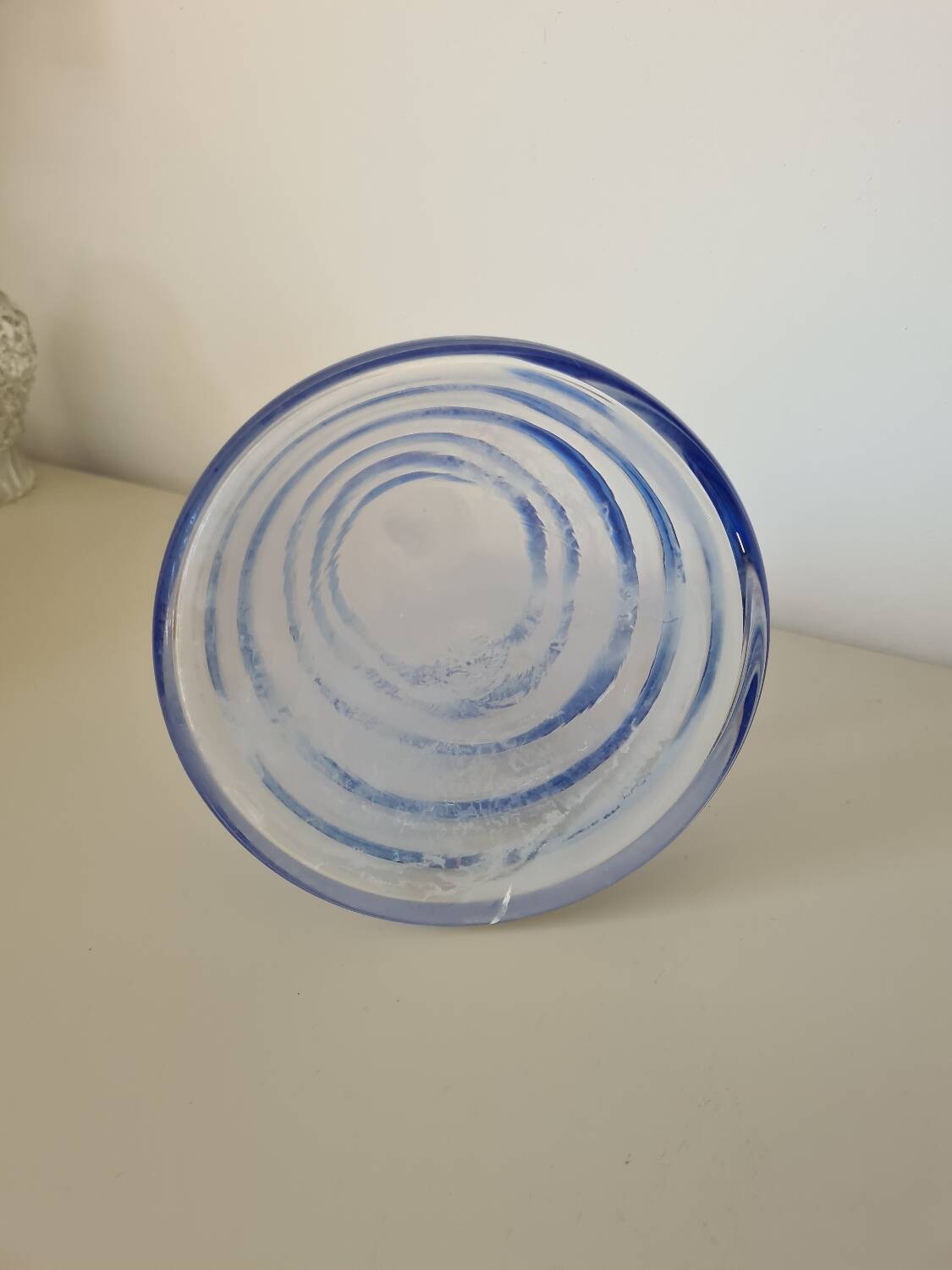Conical glass vase/carafe blown with a blue spiral decoration.
