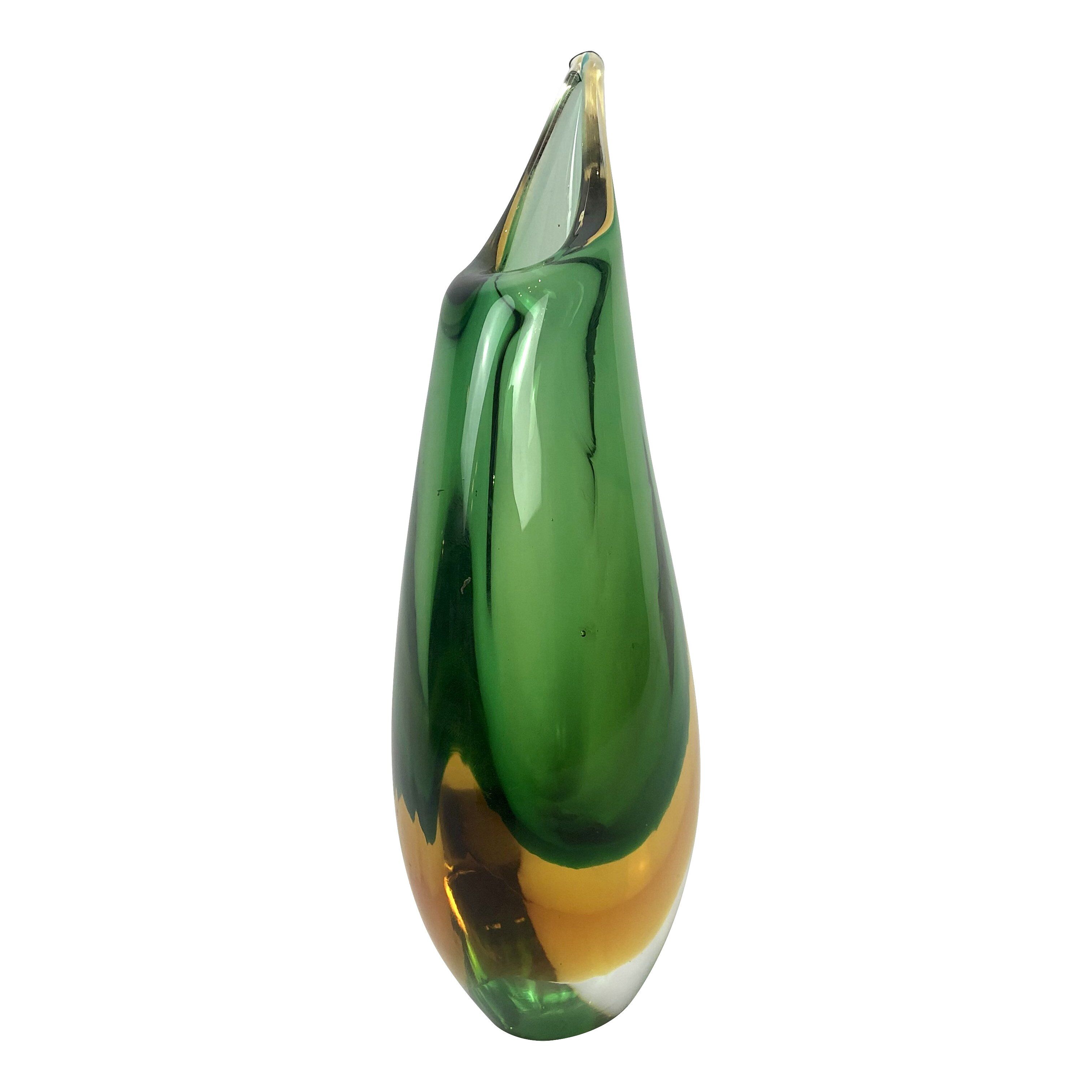 Asymmetrical vase in green and orange sommerso Murano glass