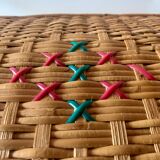 Large vintage rattan and wicker sewing basket with floral decor seat