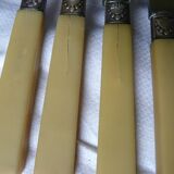 box of 12 stainless steel knives with bakelite handle and silver metal ferrule art decp