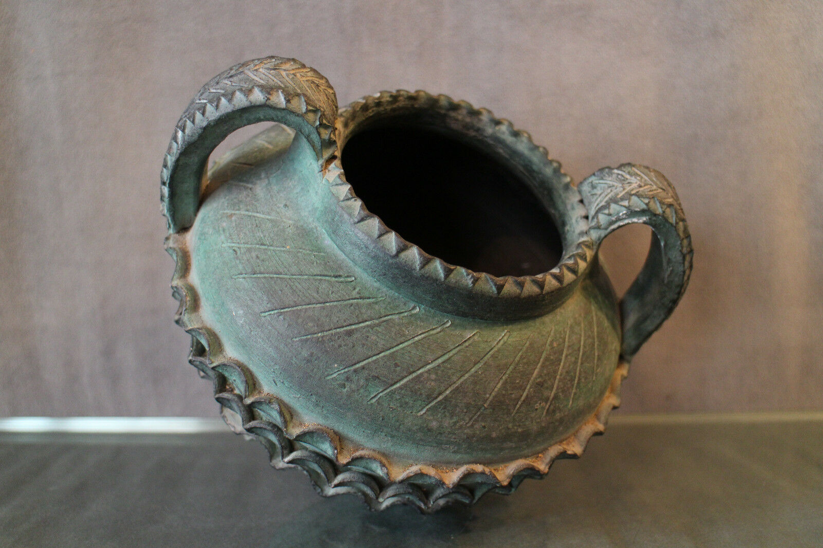 Terracotta vase with ceramic bronze green patina vase