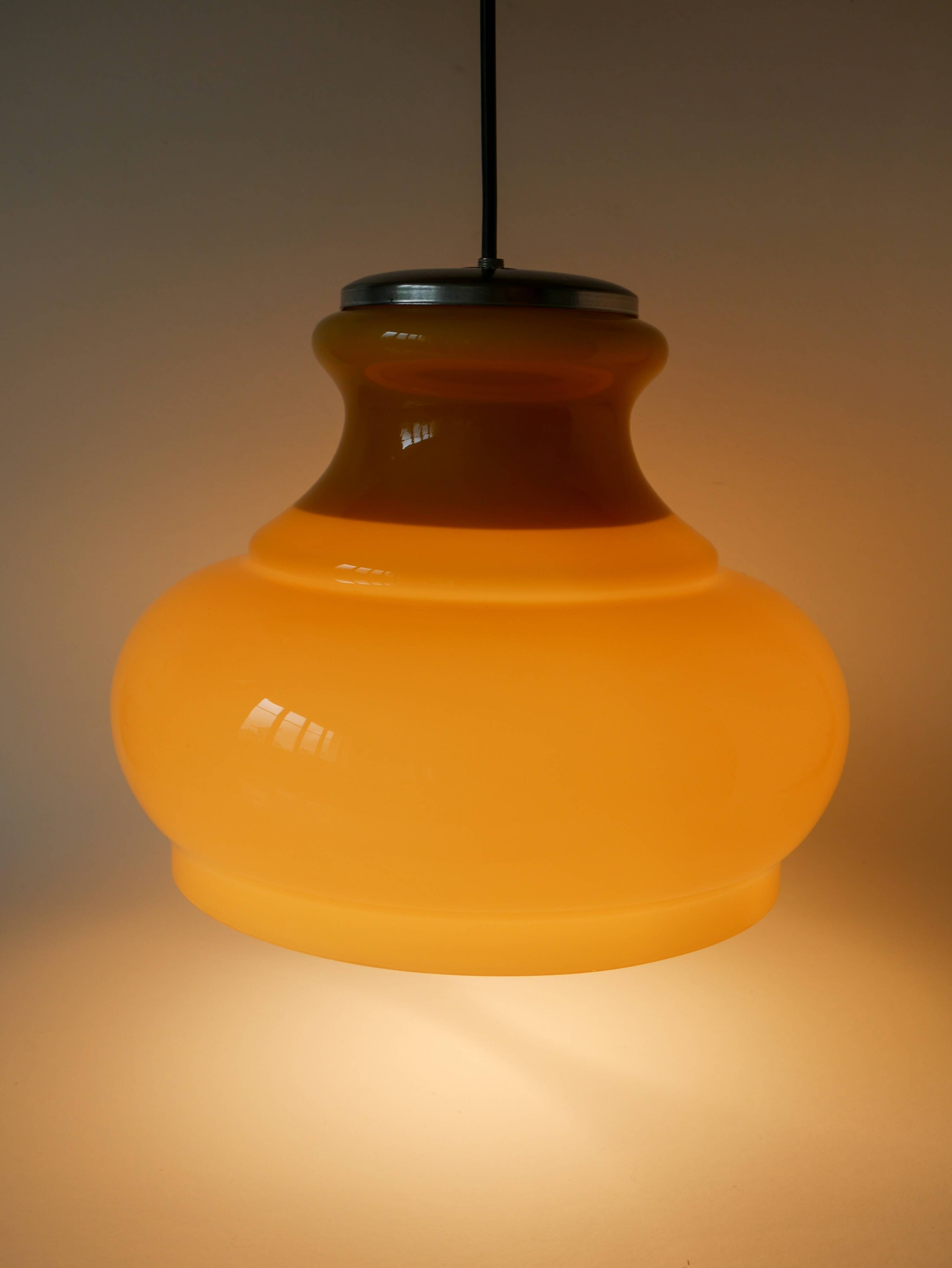 Yellow opaline pendant light with metal arc, Design, 1970