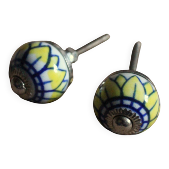 Pair of blue, yellow and white porcelain drawer cupboard door knobs