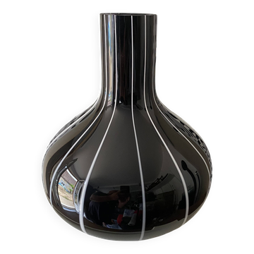 Black glass vase with white stripes, vintage 1950.