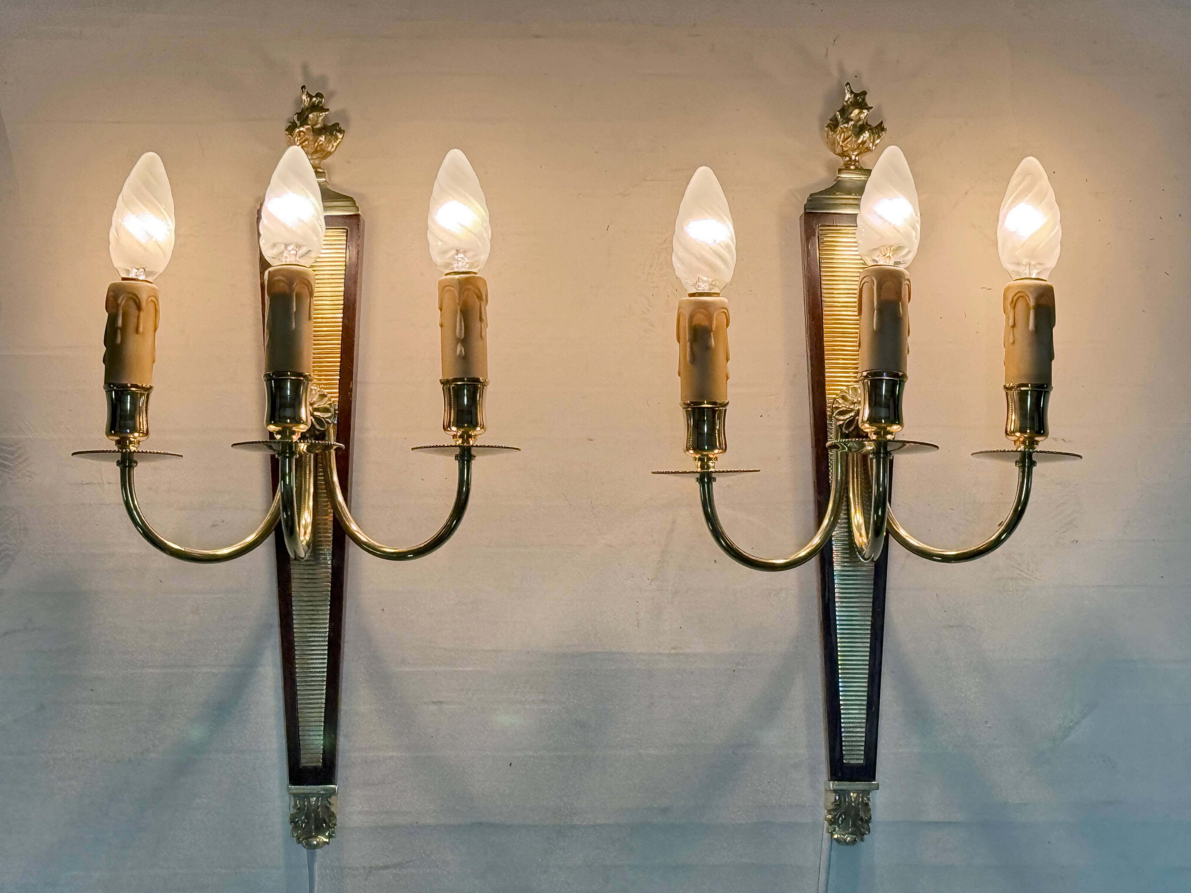 Antique Pair of 3-Light Wall Lights - Gilt Bronze and Mahogany - Neoclassical - 40's