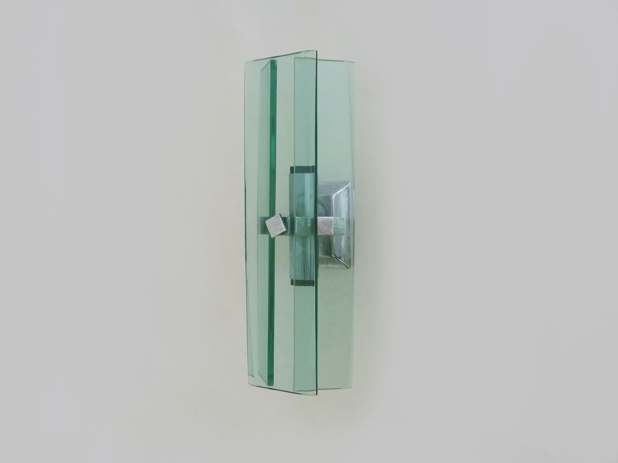 Stainless steel wall lamp and bluish glass, 2 lights, Veca 1960
