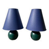 Pair of green and blue wooden ball lamps