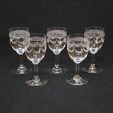 5 Anciens Verres A Vin / Porto En Cristal Gravé Baccarat ? 1900