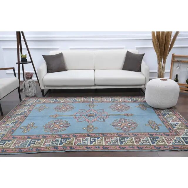 Vintage Turkish hand-knotted wool cotton blue area rug 170x259