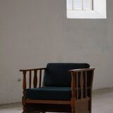 Art Nouveau, pair of oak lounge chairs, reupholstered in style fabric, 1920s.