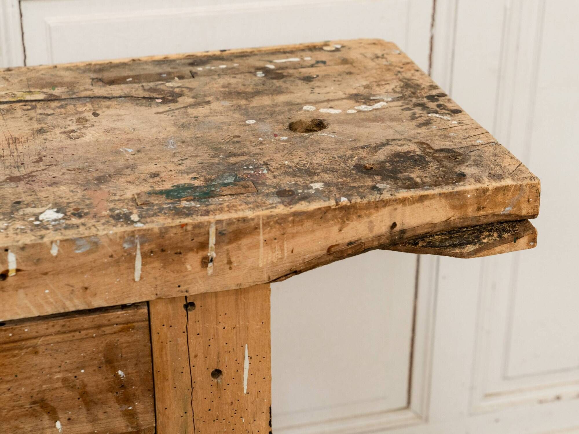 Old small workbench with drawer, beautiful original patina, 1920.