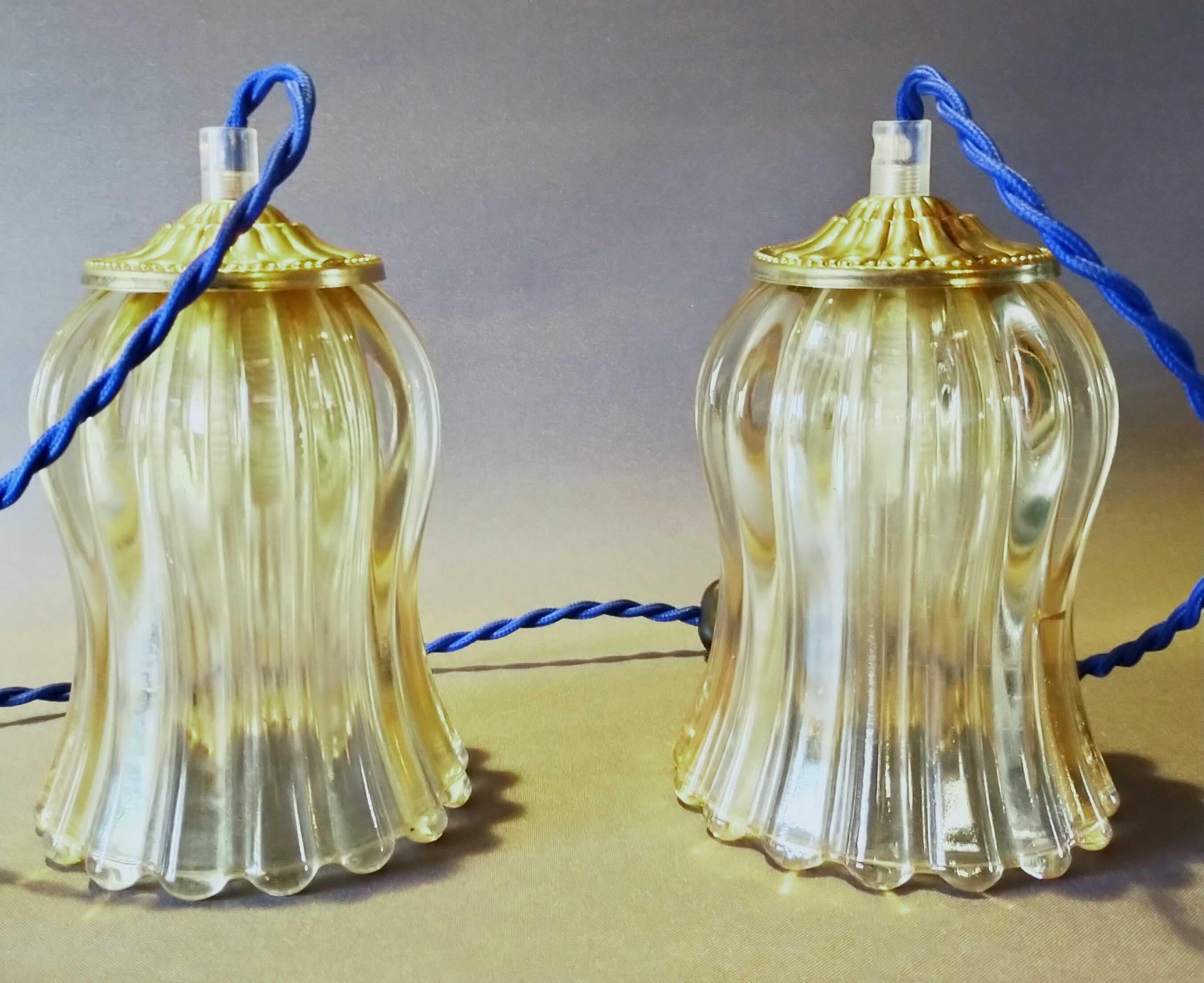 Duo tulip lamps golden fluted glass