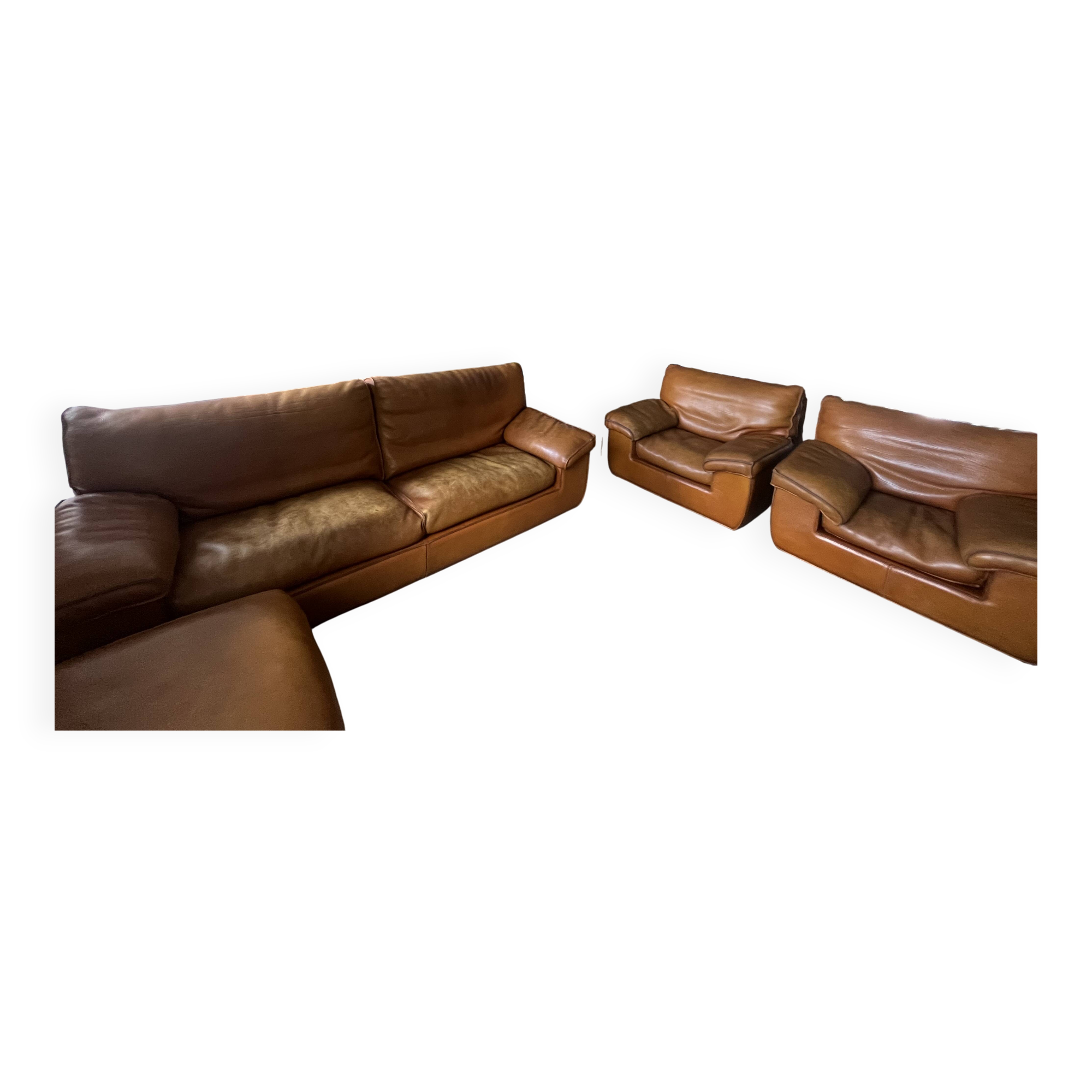 Salon cuir vintage Roche Bobois - Canapé + 2 fauteuils + pouf