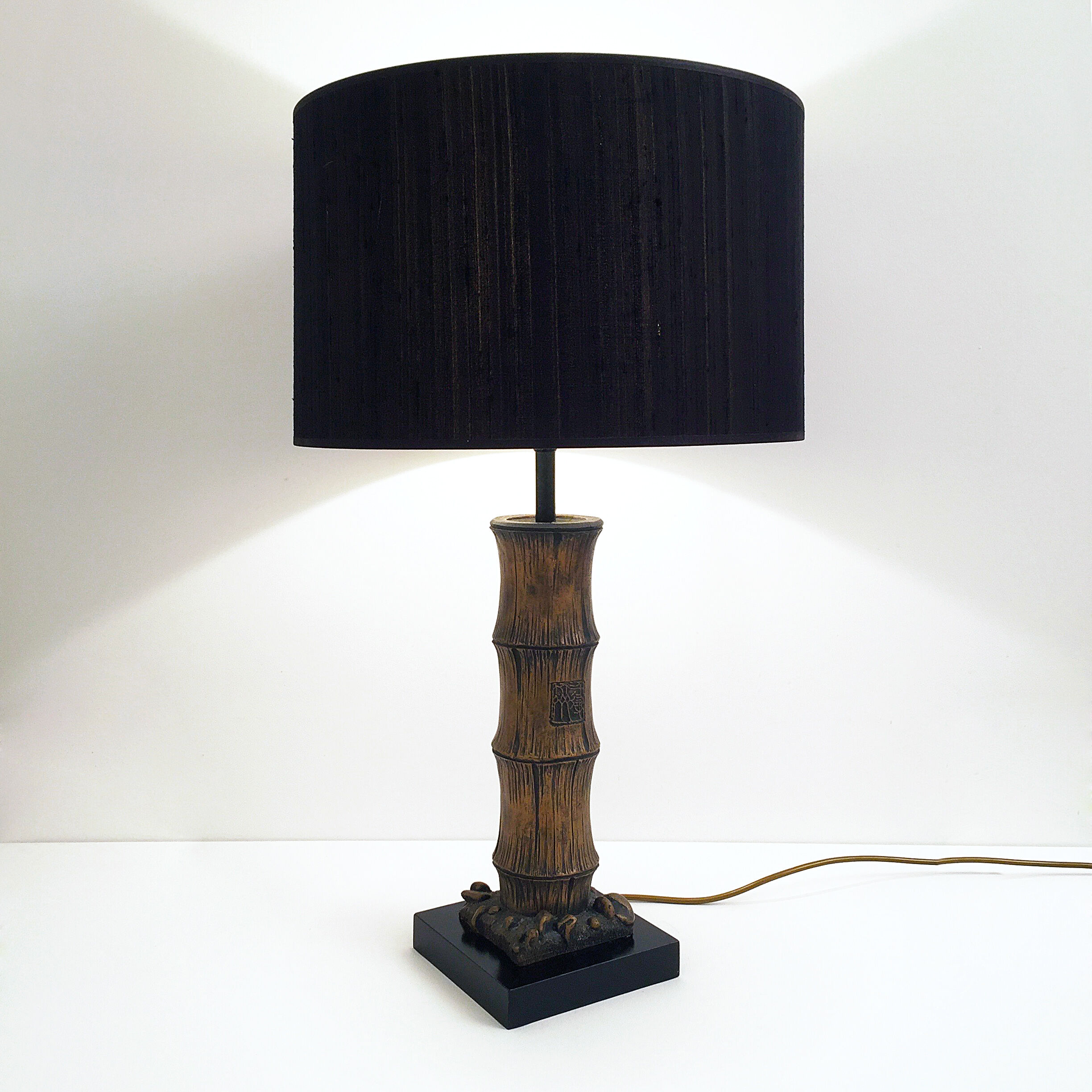 Vintage wood carved faux bamboo table lamp