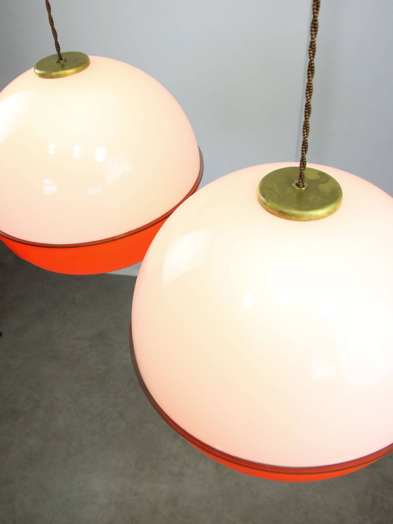 Space Age Italian Orange Plexiglass and Brass Pendant Lamp, 1970s