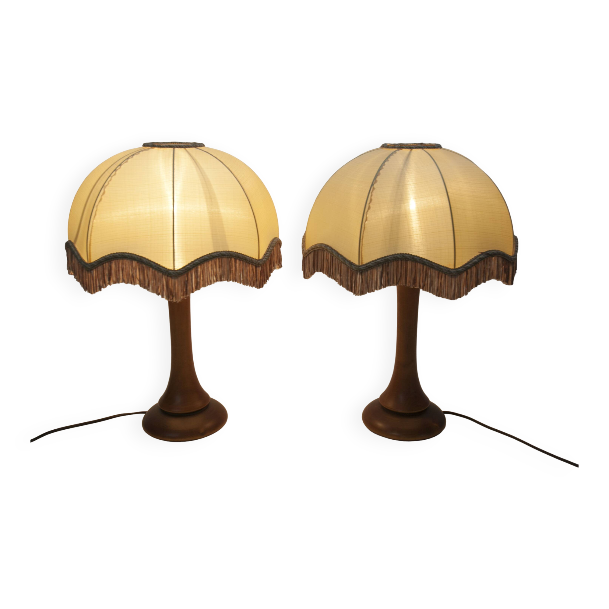 Pair of 1930s Art Deco bedside lamps with fringes, solid wood legs 52cm