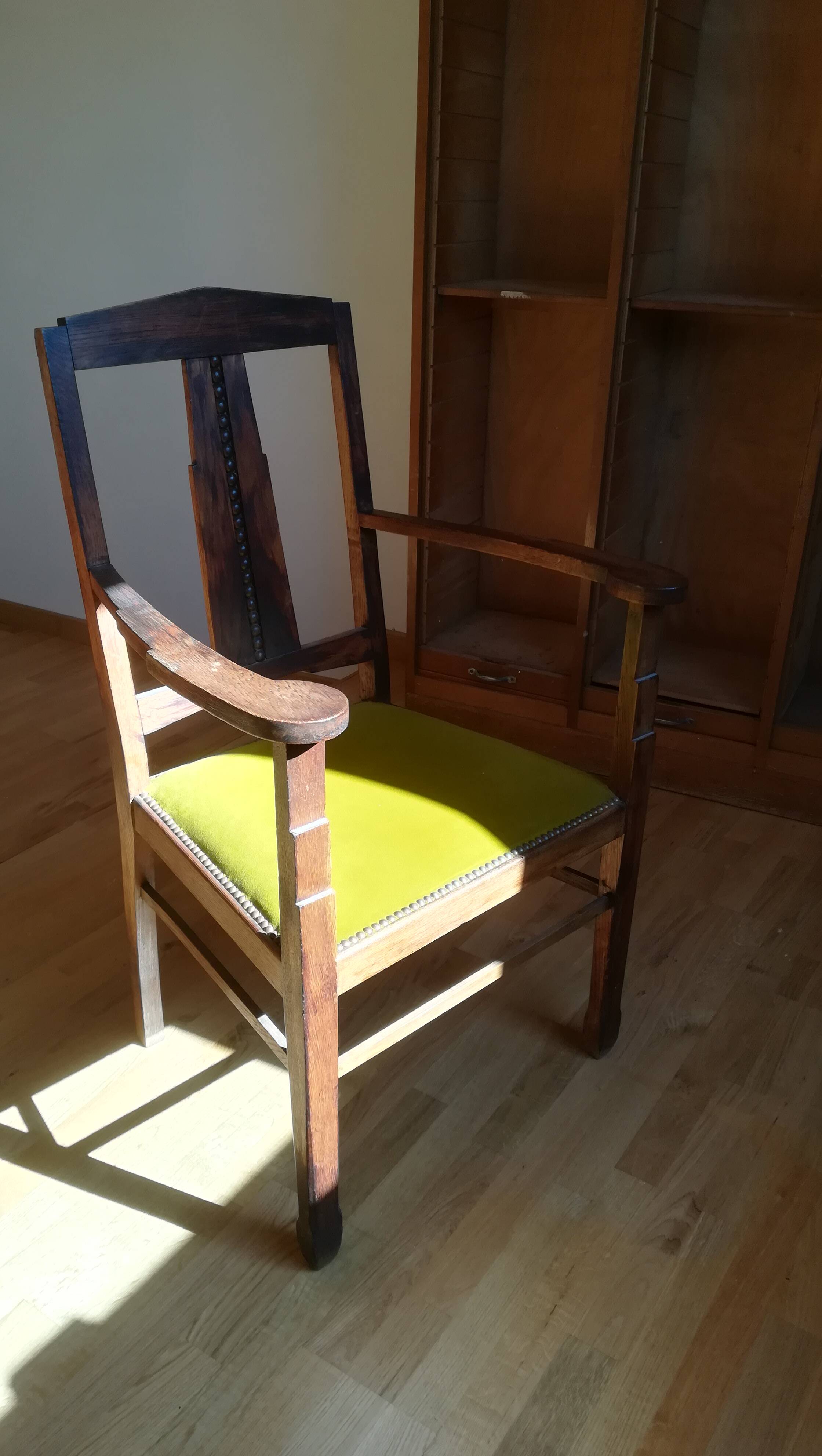 Oak and velvet armchair circa