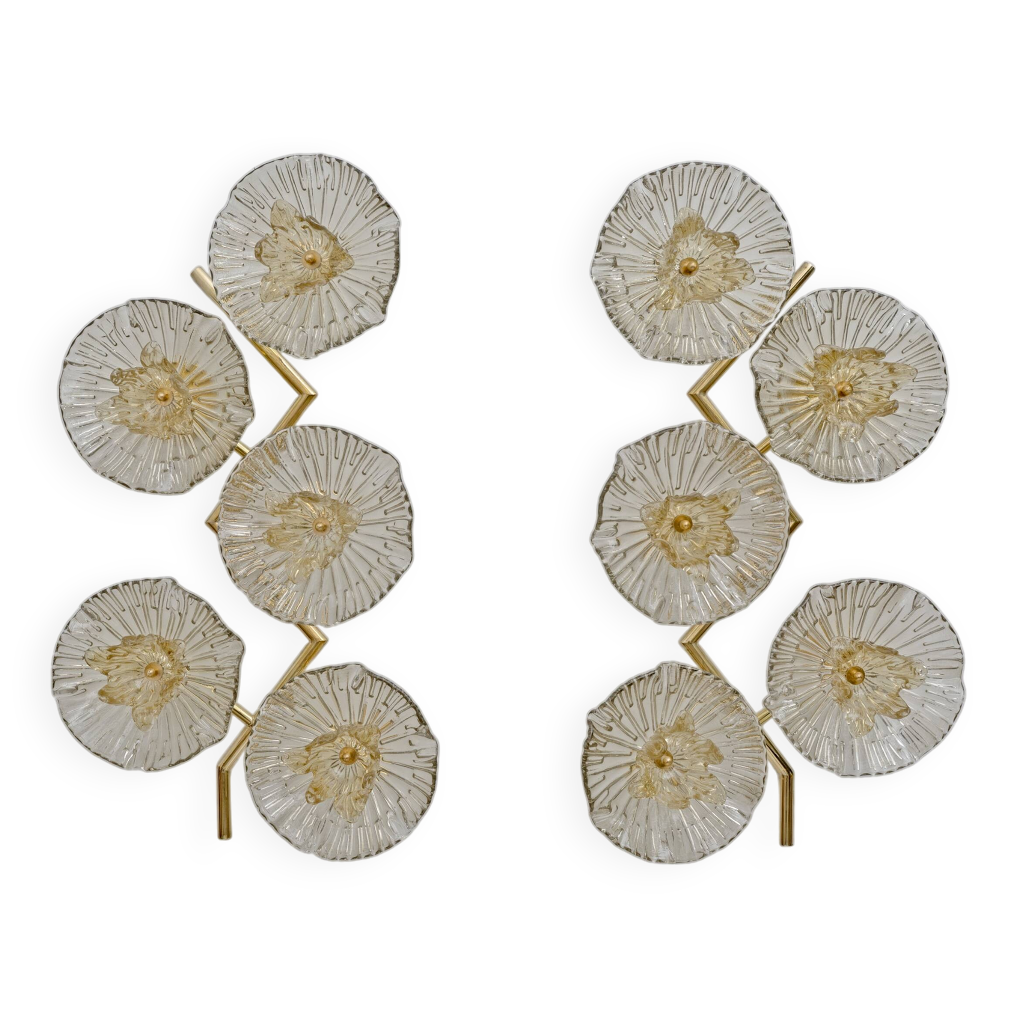 Pair of Modern Italian Murano Glass and Brass Flowers Wall Lamps