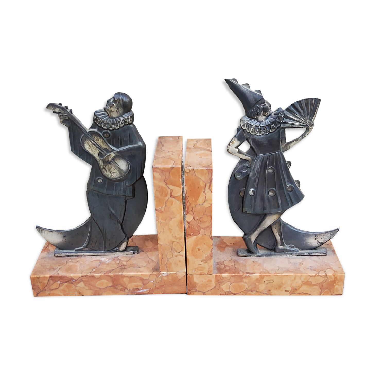 Pair of art deco bookends marble and regulates Pierrot and Colombine
