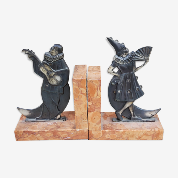 Pair of art deco bookends marble and regulates Pierrot and Colombine