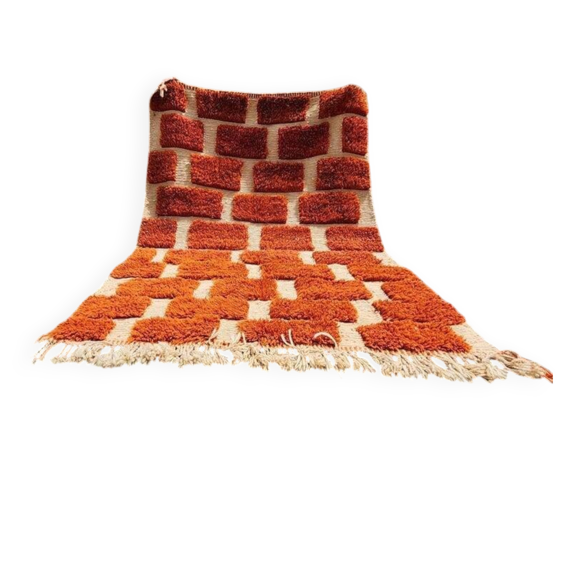 Large Moroccan Berber rug in orange and ecru wool, 400 x 300 cm.