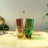 6 verres colorés et panier en laiton vintage