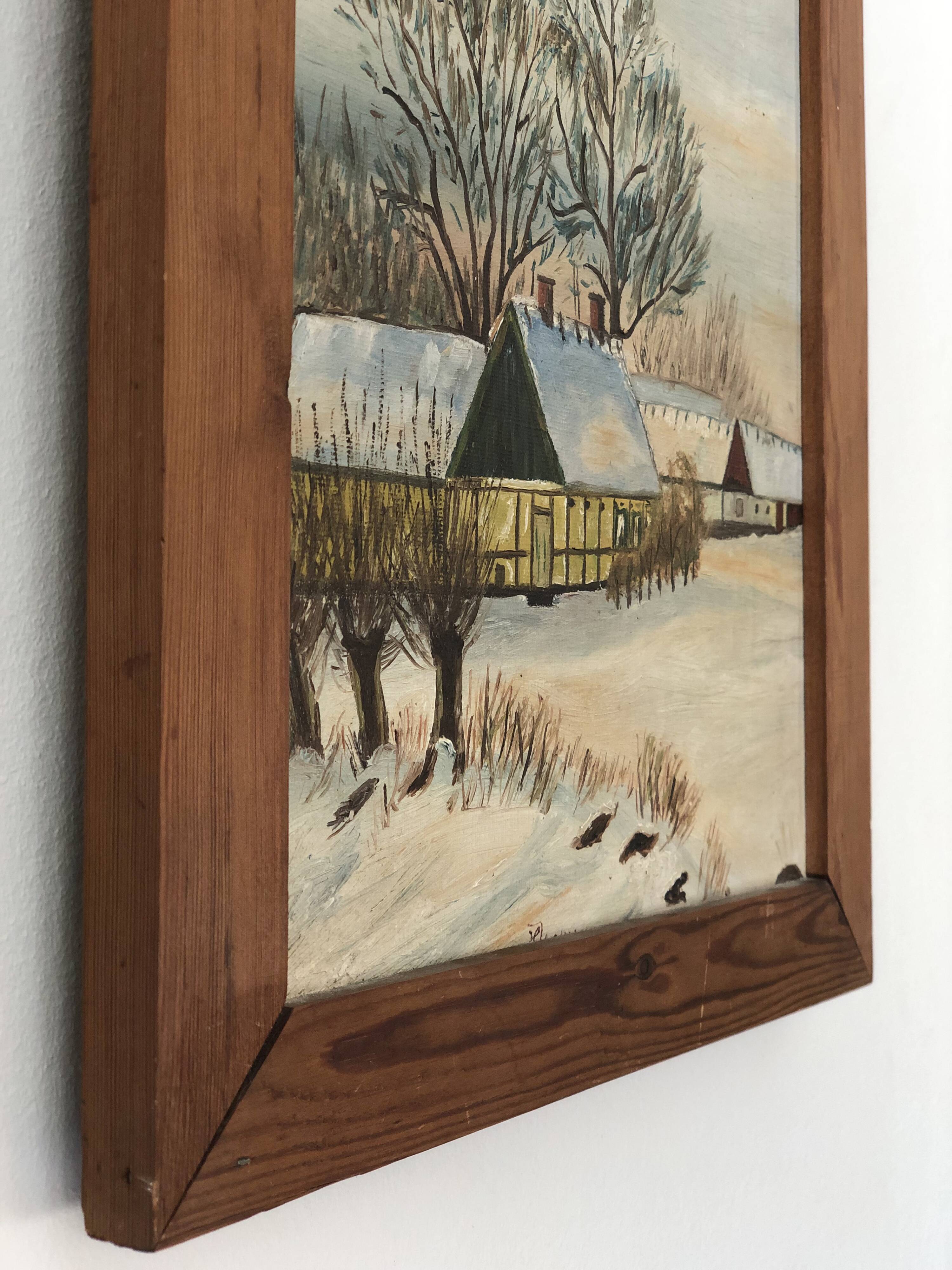 Peinture à l'huile vintage originale de cottage : Art de paysage d'hiver encadré
