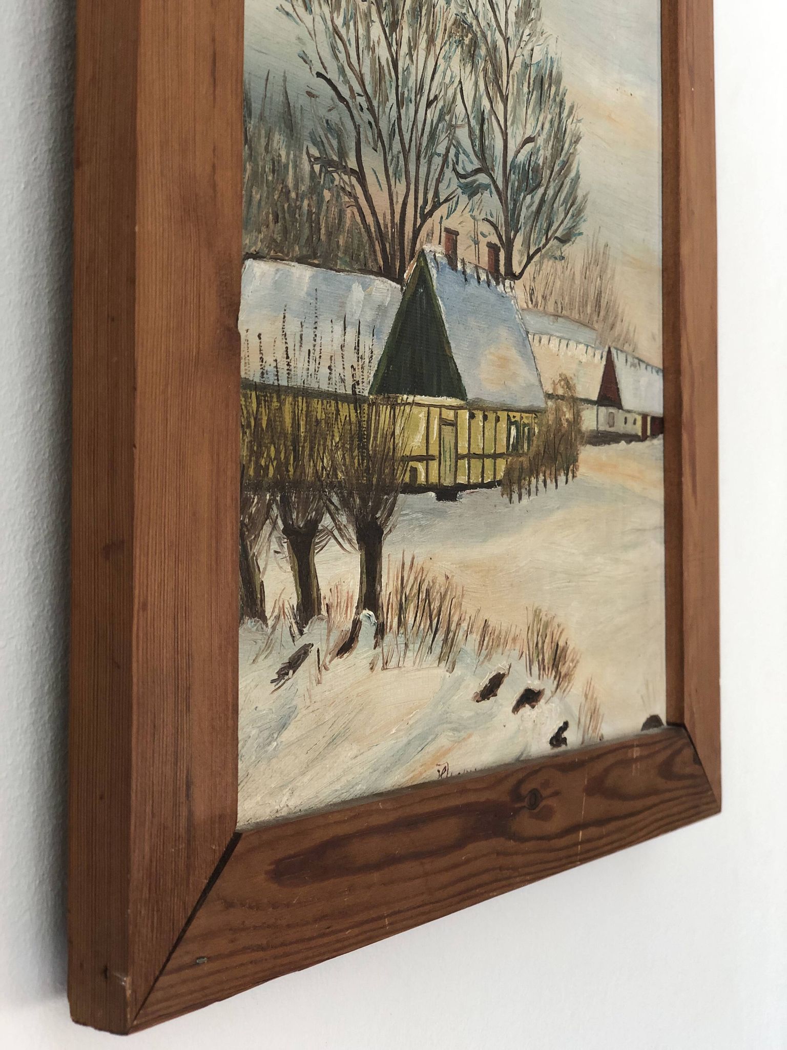 Vintage Original Cottage Oil Painting: Framed Winter Landscape Art