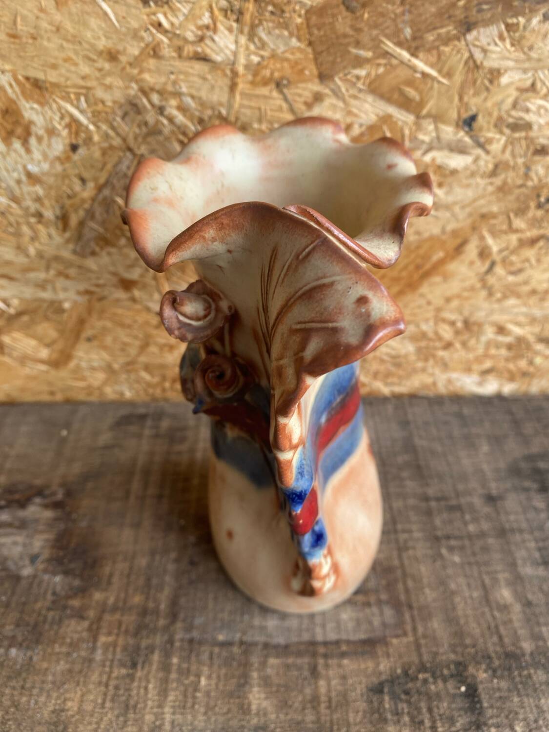 Vintage Beige Glazed Terracotta Vase with Relief Flower Decoration