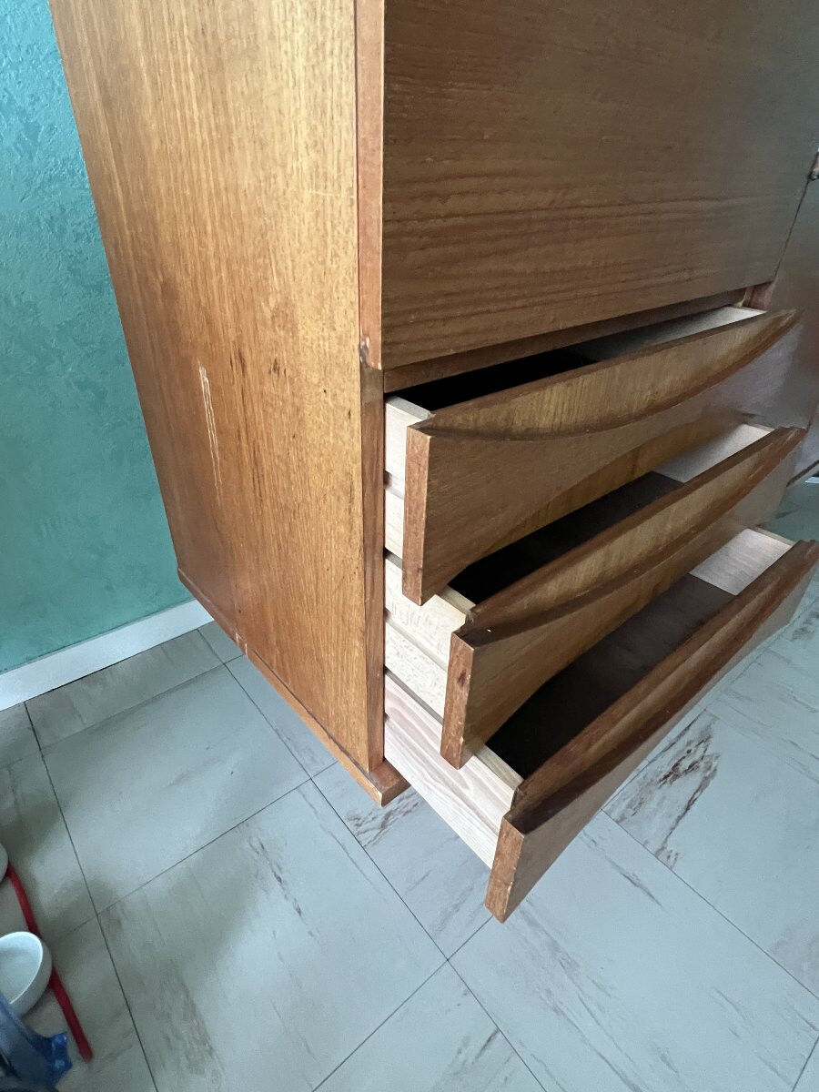Scandinavian style furniture, brand "eros" in blonde teak, around 1960.