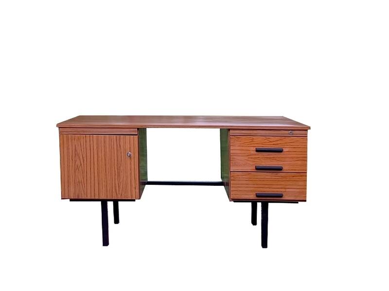 Modernist desk with double drawers in formica and metal, 1960.