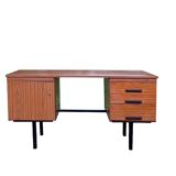 Modernist desk with double drawers in formica and metal, 1960.