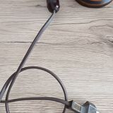 Vintage Italian table lamp in turned wood and leather lampshade