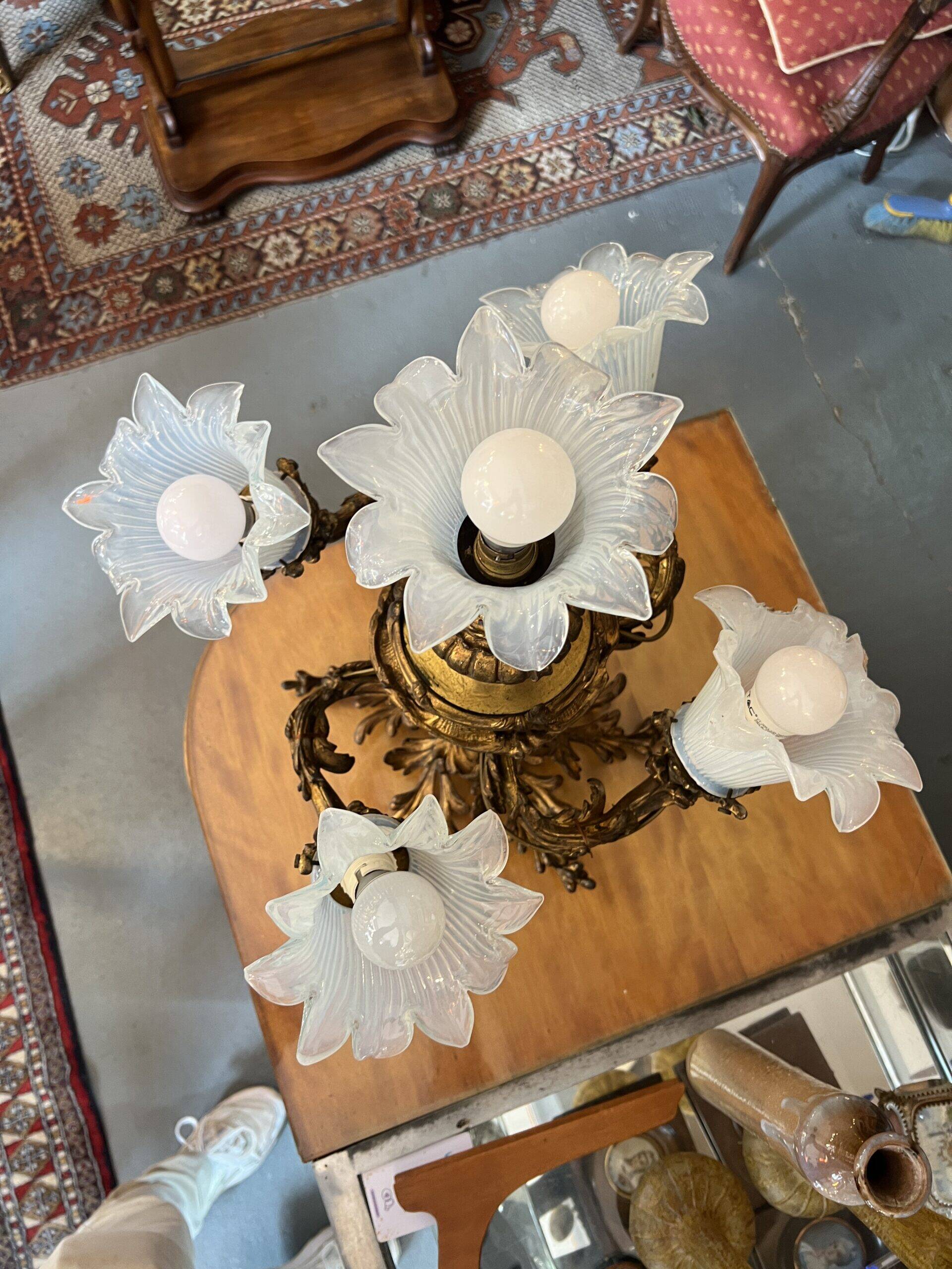 Solid bronze chandelier with moving arms, 19th century, opalescent tulips