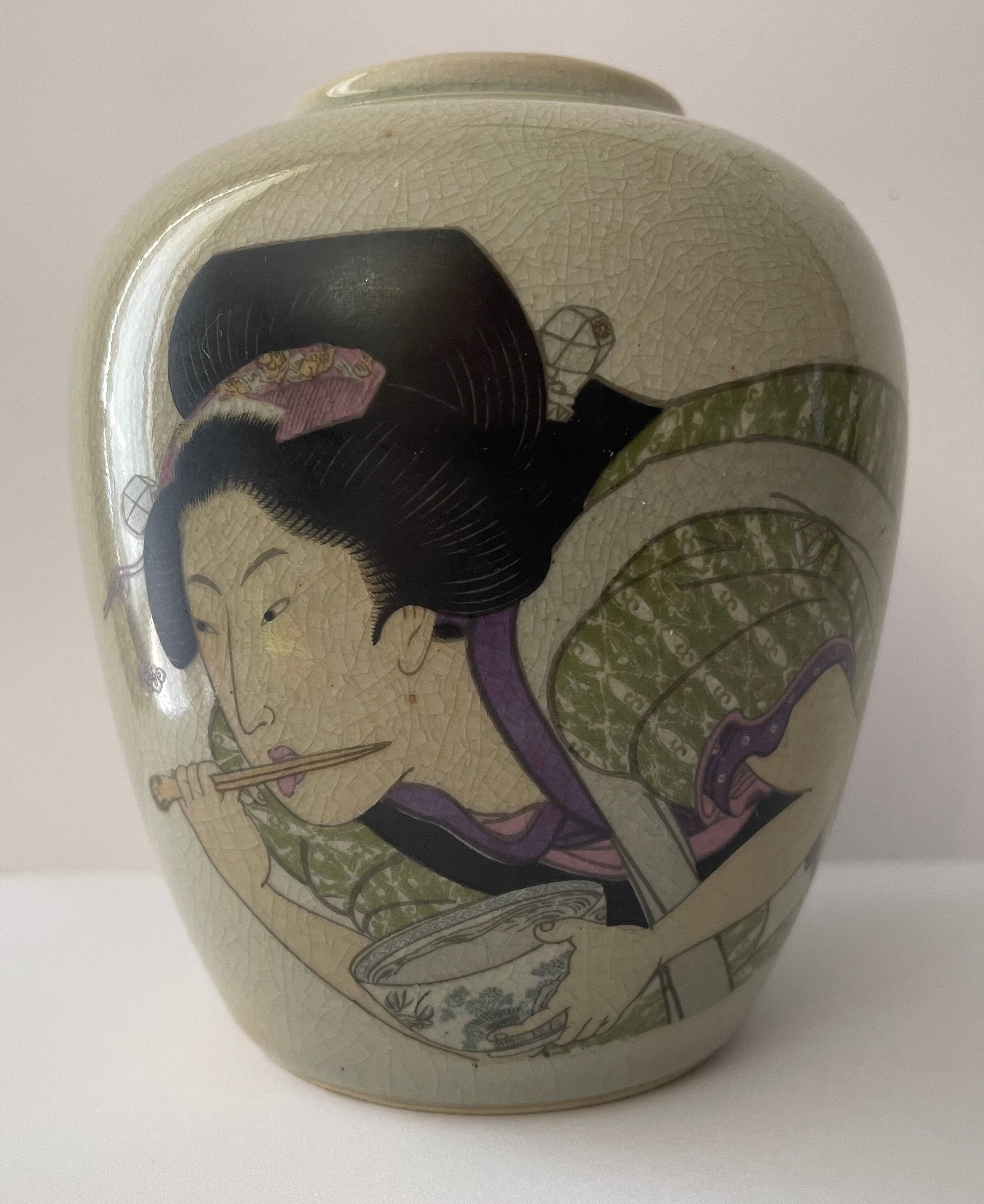 Polychrome vase and celadon XIX Naniwaya Okita Japan Nippon