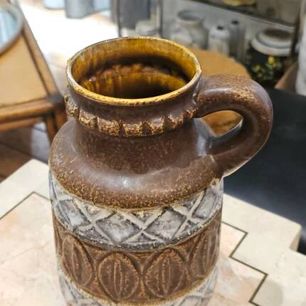 Brown and white antique jug vase with handle Bay West Germany 9325