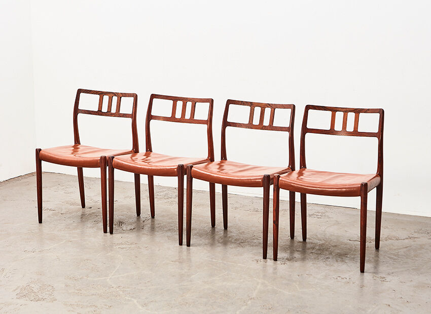 Set de 4 chaises N.O. Moller  modèle 79 en palissandre et cuir pour J.L. Mollers Danemark 1966