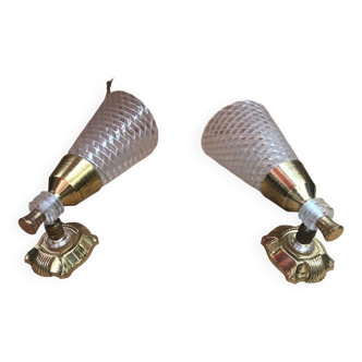 Pair of Old Brass Wall Lamp & Plexi Reflector 70s Vintage