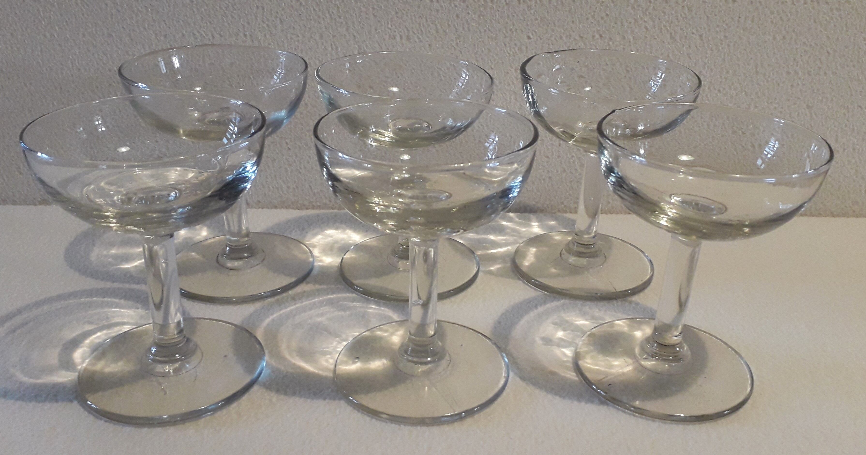 Six old blown glass champagne cups
