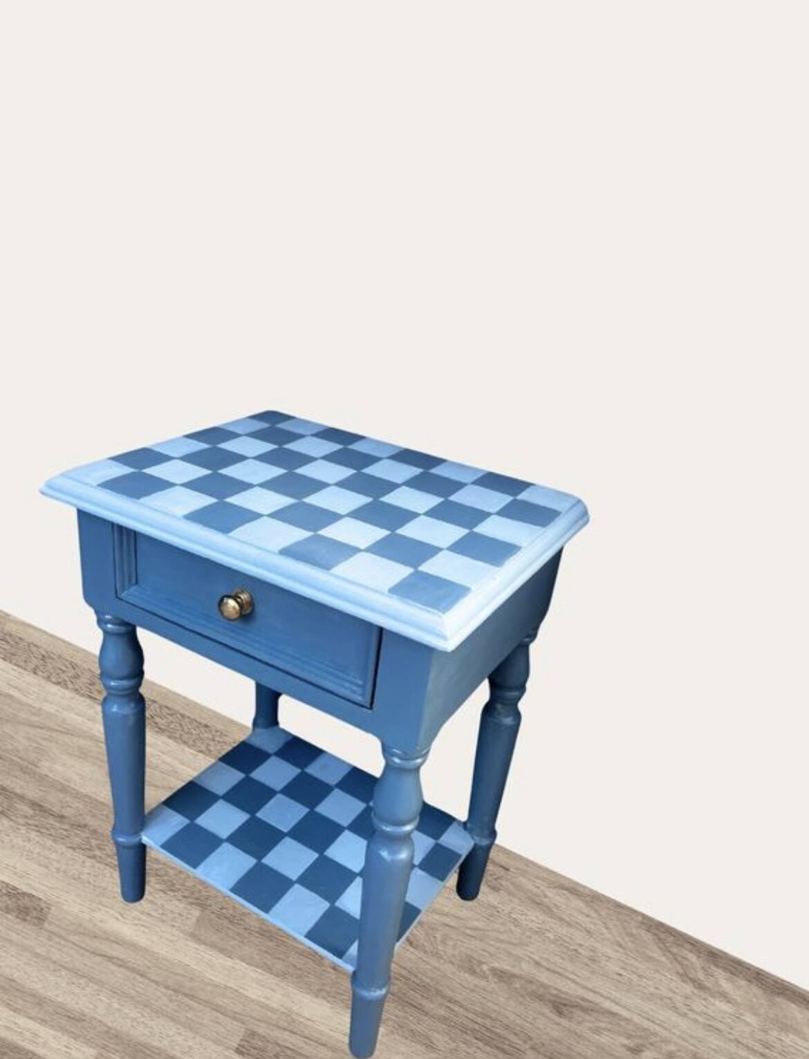 Blue checkered bedside table, neo-vintage style, turned legs.