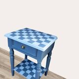 Blue checkered bedside table, neo-vintage style, turned legs.