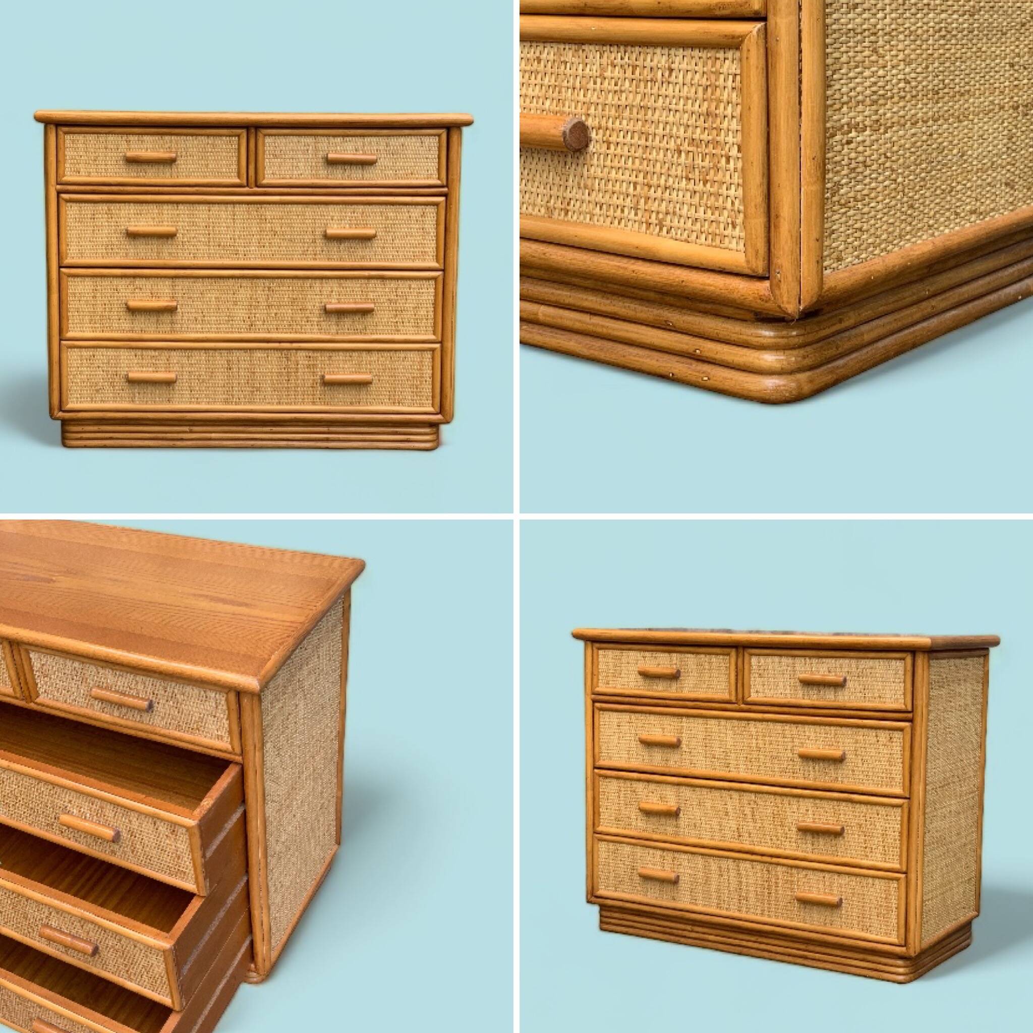 Vintage rattan and woven wicker chest of drawers 1970