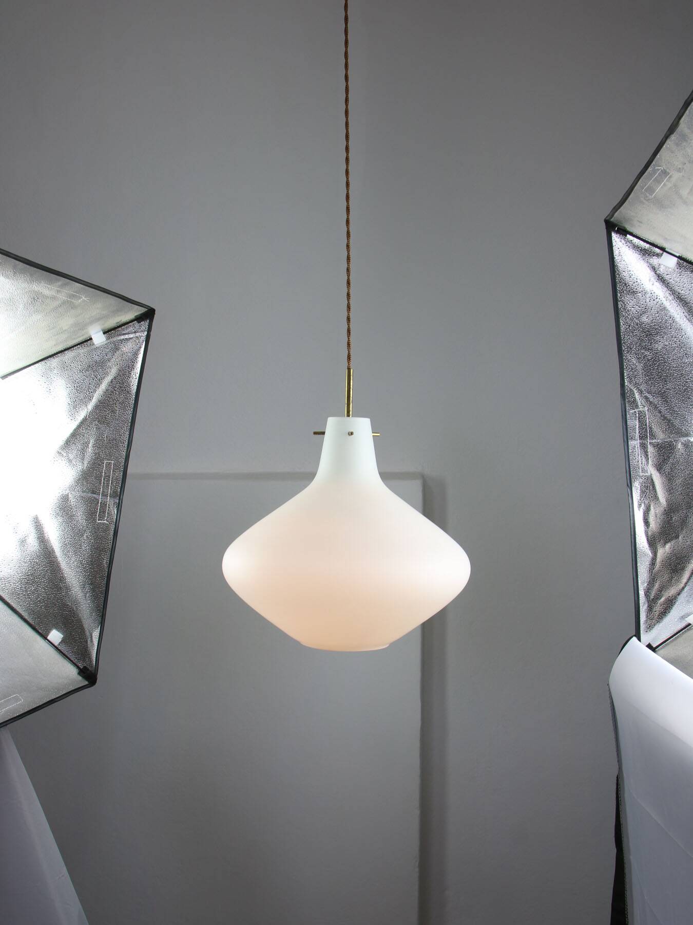 Mid-Century Italian Brass and Opaline Glass Pendant Lamp