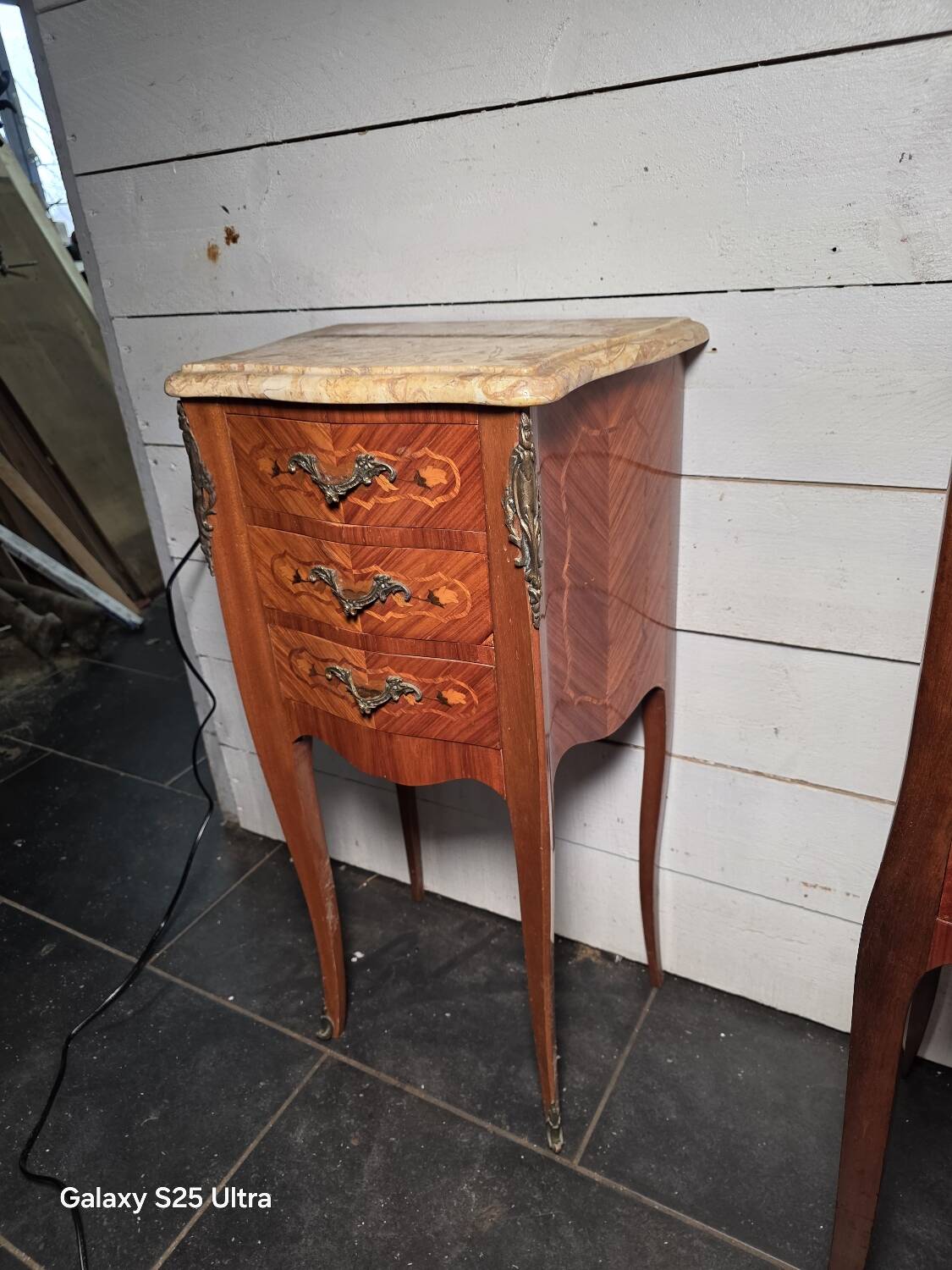 Louis XV style curved bedside table in marquetry