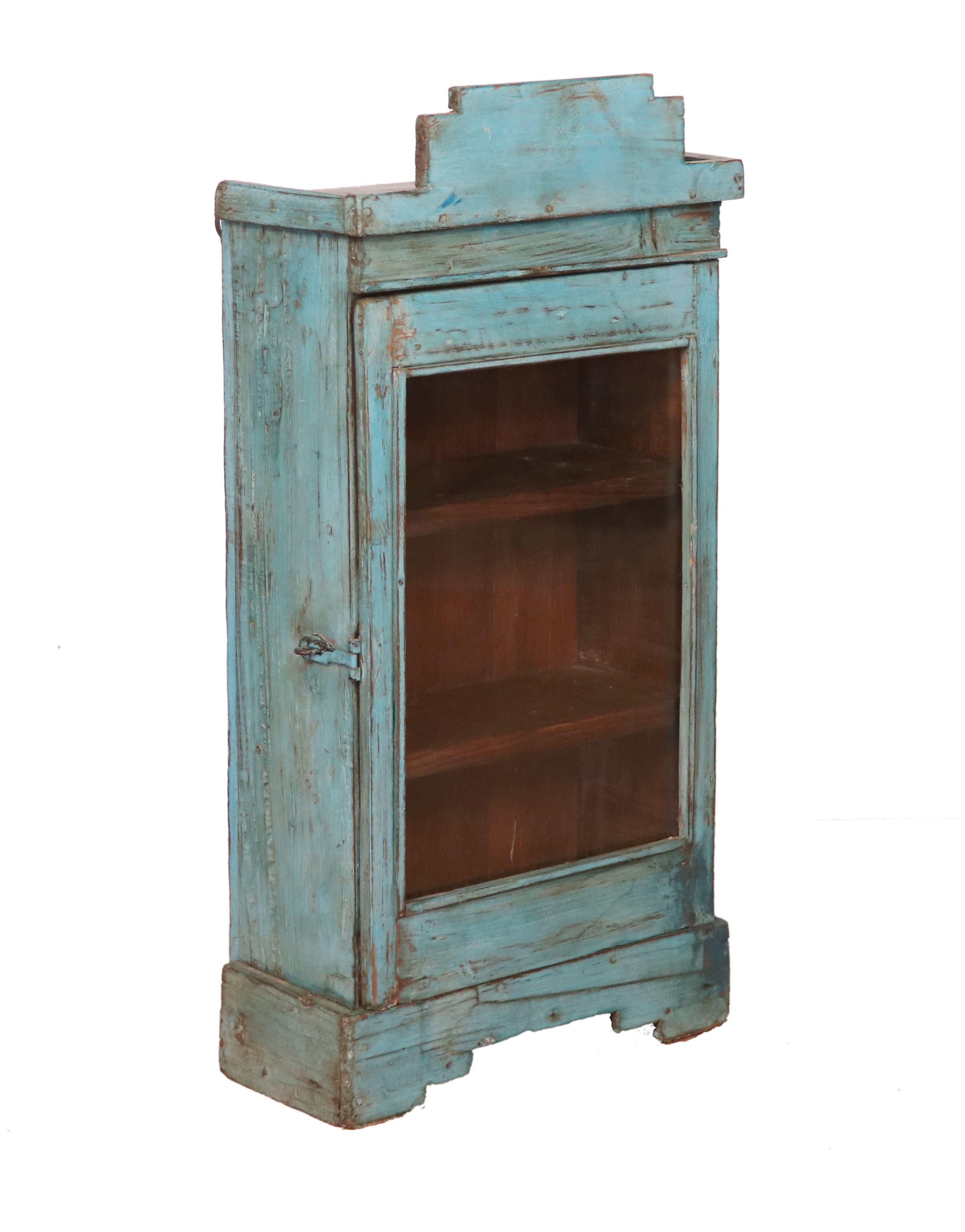 Old art deco wall display case in original blue teak burmese patina