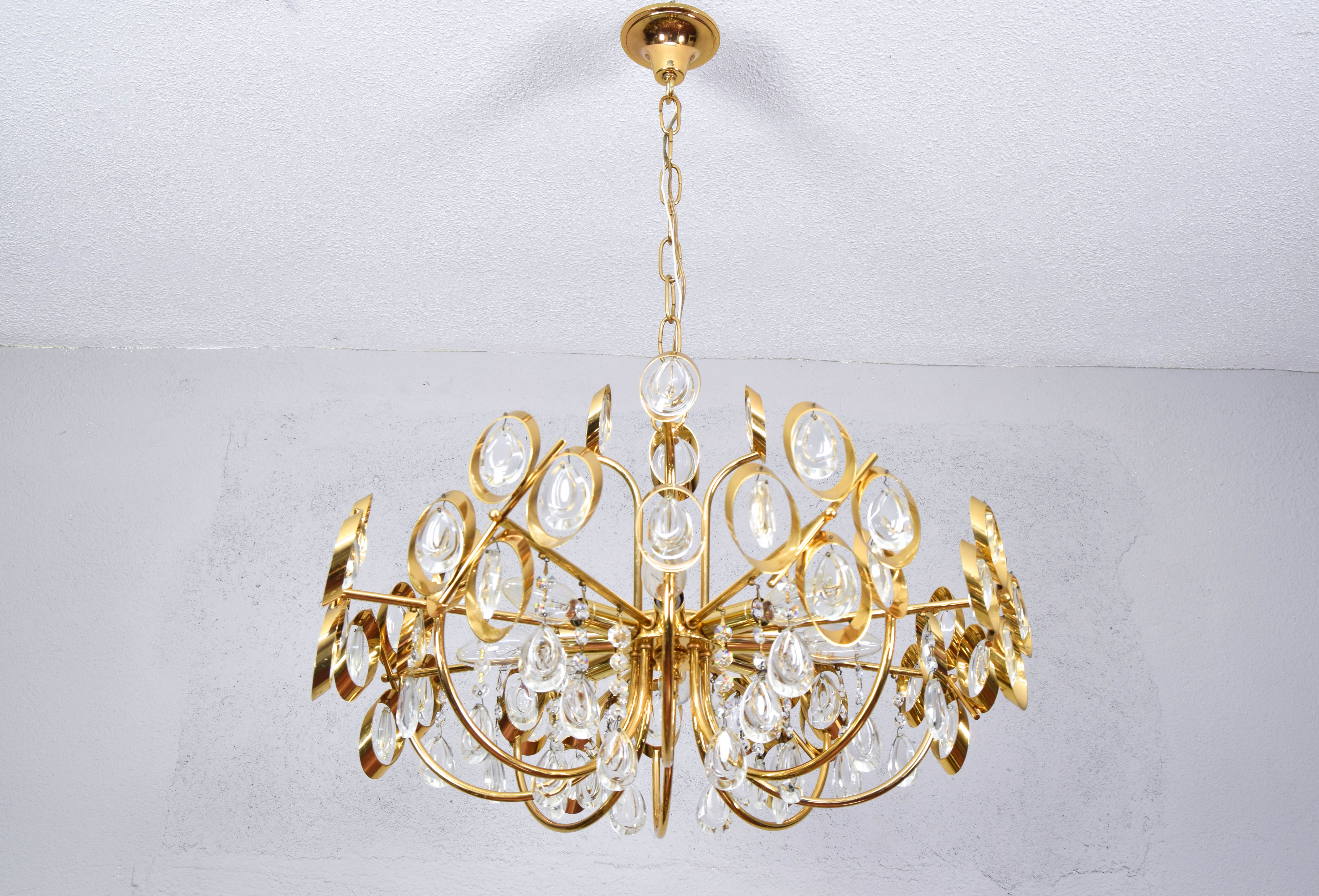 Mid century hollywood regency palwa gilt brass and crystal chandelier